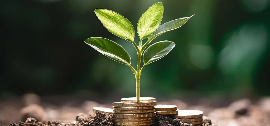 Growing plant on stacked coins representing sadaqah and ongoing charity