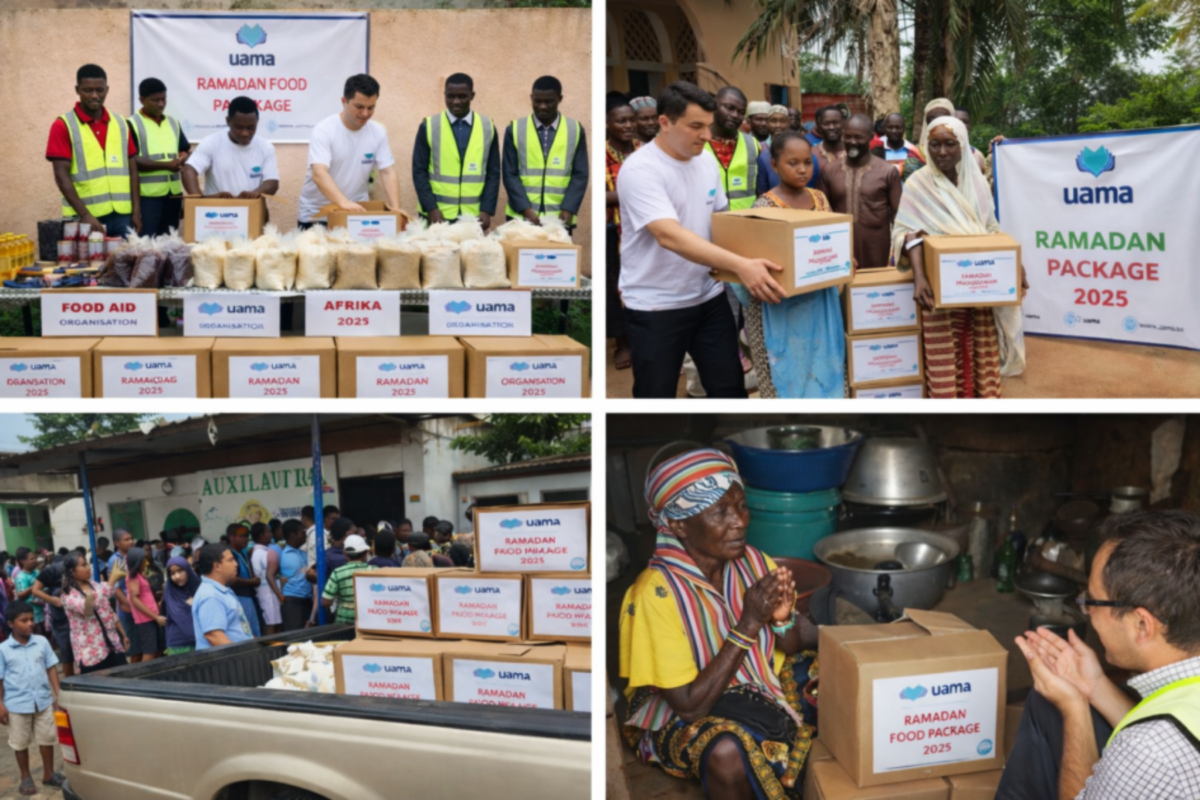 Stacked Ramadan food aid boxes prepared for giving in the last ten nights